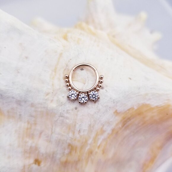 16G G23 Titanium Rose Gold 3 gem Clear CZ Hinged Segment Ring Septum Ring - 8mm - Picture 1 of 2